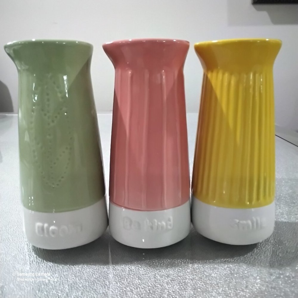 Handmade Pastel Vase Trio "Bloom" Seafoam "Be Kind" Coral & "Smile" Sun Yellow
